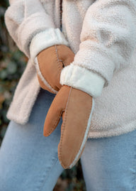 Ladies Genuine Sheepskin Mittens with Wool Out Trim
