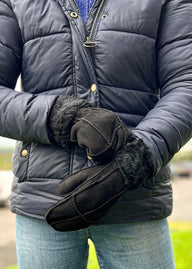 Ladies Genuine Sheepskin Panel Mittens with Rolling Cuff