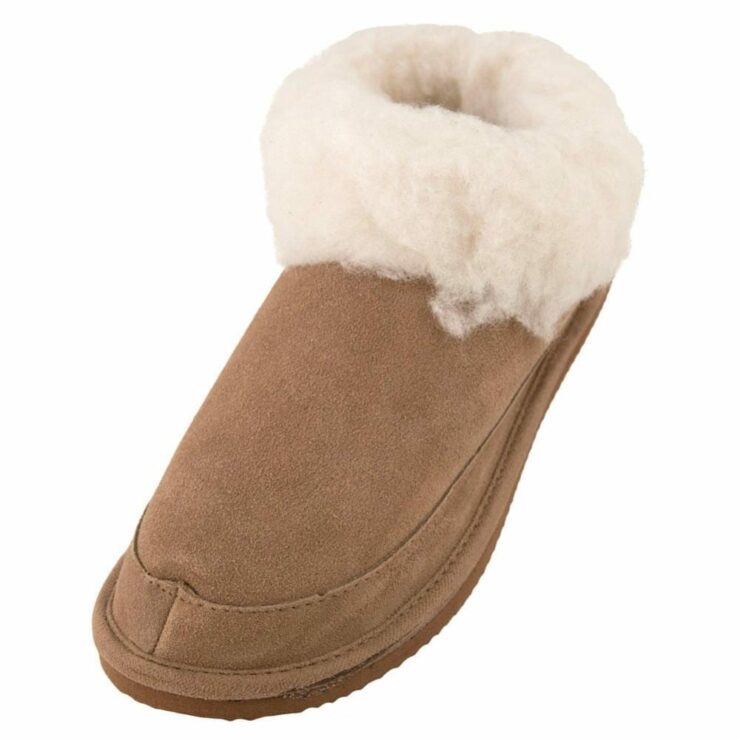 Ladies Genuine Suede and Lambswool Boot Slippers with Lambswool Collar in Camel - Size UK3