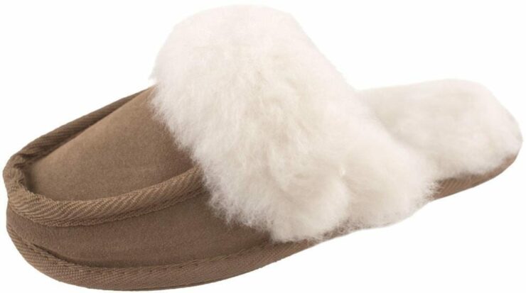 Ladies Suede and Lambswool Mule Slippers with Hard Sole and Fluffy Collar in Camel Size 6 UK-5155