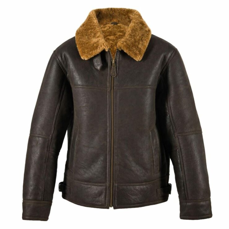 Mens Aviator Finished Sheepskin Jacket with Centre Zip Fastening in Caramel Size 46