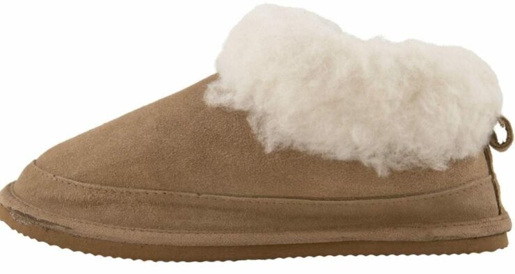 Ladies Genuine Suede and Lambswool Boot Slippers with Lambswool Collar in Camel - Size UK5 - Side