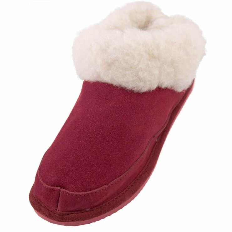 Ladies Genuine Suede and Lambswool Boot Slippers with Lambswool Collar in Crimson - Size UK5