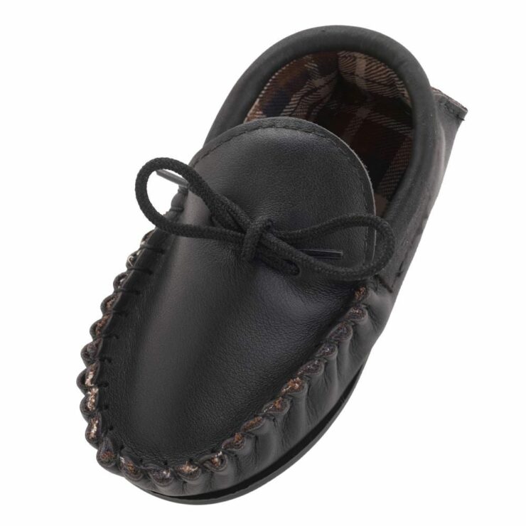 Childrens Genuine Leather Cotton Lined Moccasin Slippers in Black Size UK4-0