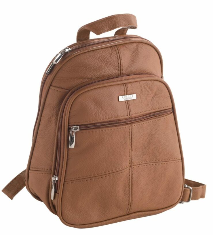 Ladies Wide Opening Small Leather Backpack in Tan