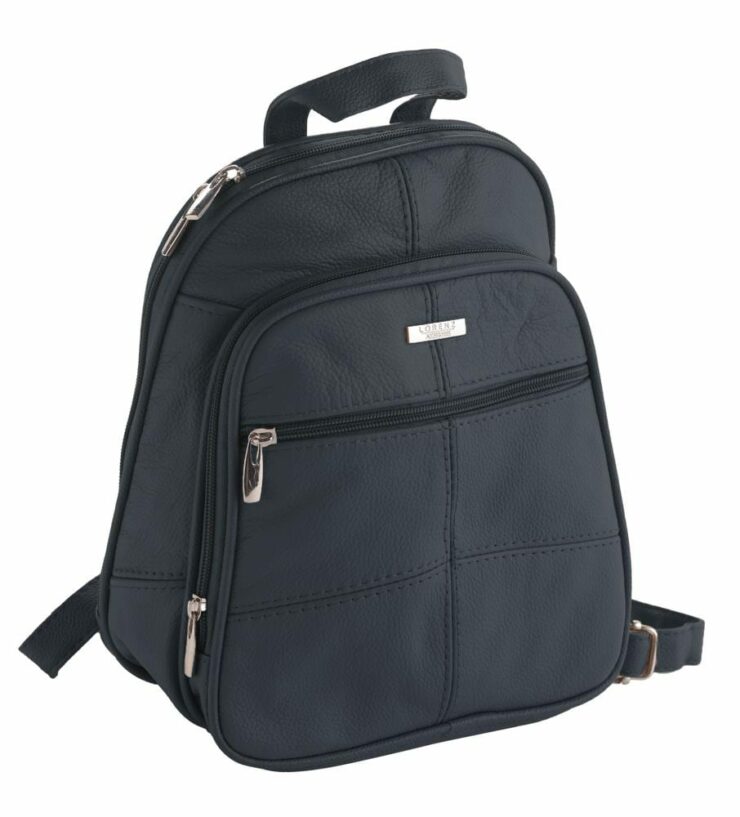 Ladies Wide Opening Small Leather Backpack in Navy