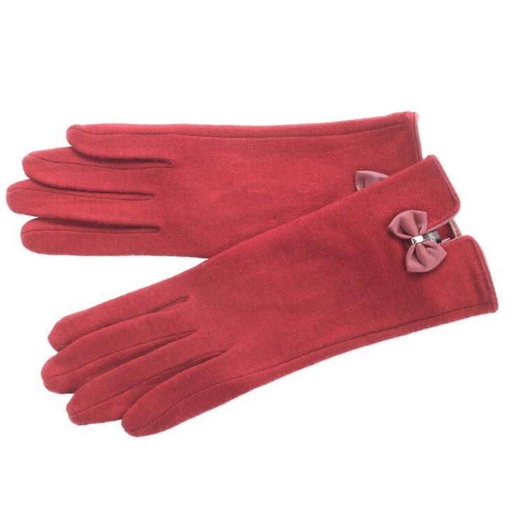 Ladies Wool Blend Gloves with Bow Detail in Wine Red-0