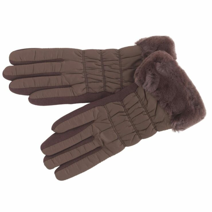 Ladies Warm & Soft Winter Gloves with Faux Fur Cuff in Brown