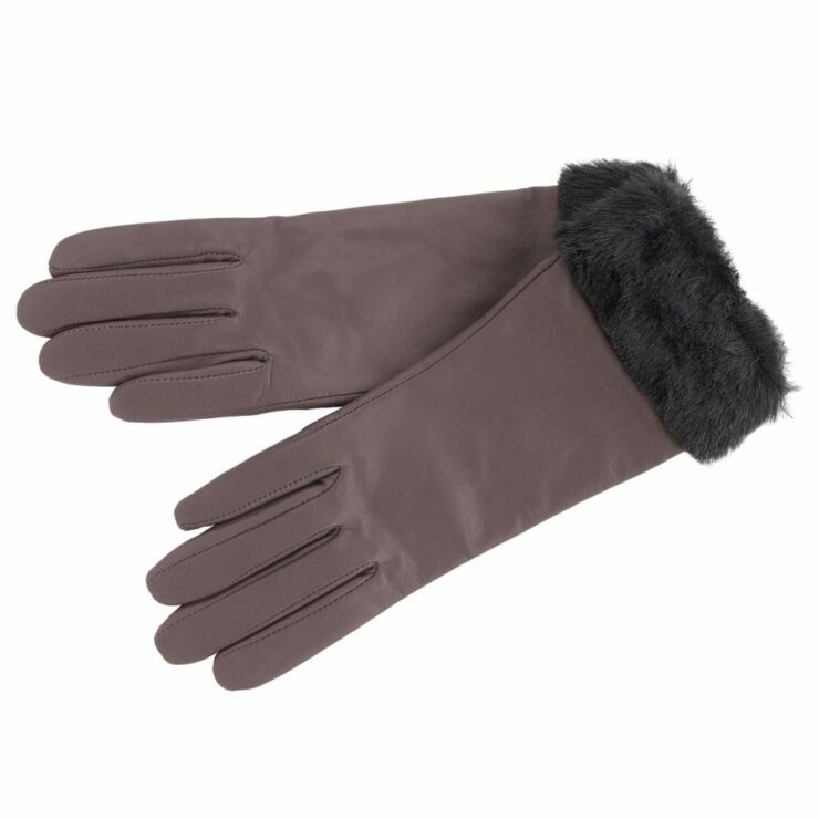 Ladies Premium Leather Gloves with Faux Fur Cuff in Grey Size Medium-0