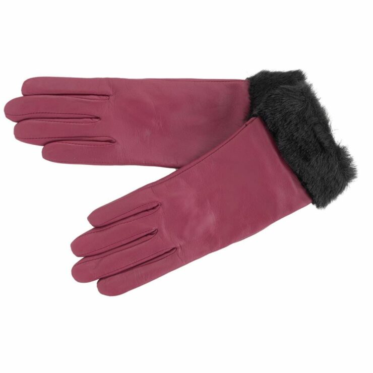 Ladies Premium Leather Gloves with Faux Fur Cuff in Cranberry Size Medium-0