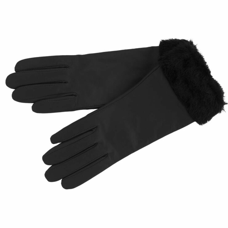 Ladies Premium Leather Gloves with Faux Fur Cuff in Black Size Medium-0